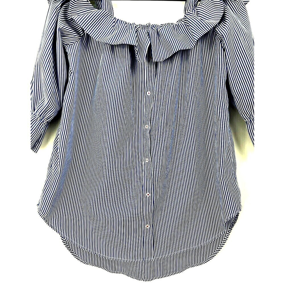 Janet Chung Womens Size L Blouse Blue White Striped Off Shoulder Ruffle Top H2 - Picture 7 of 12